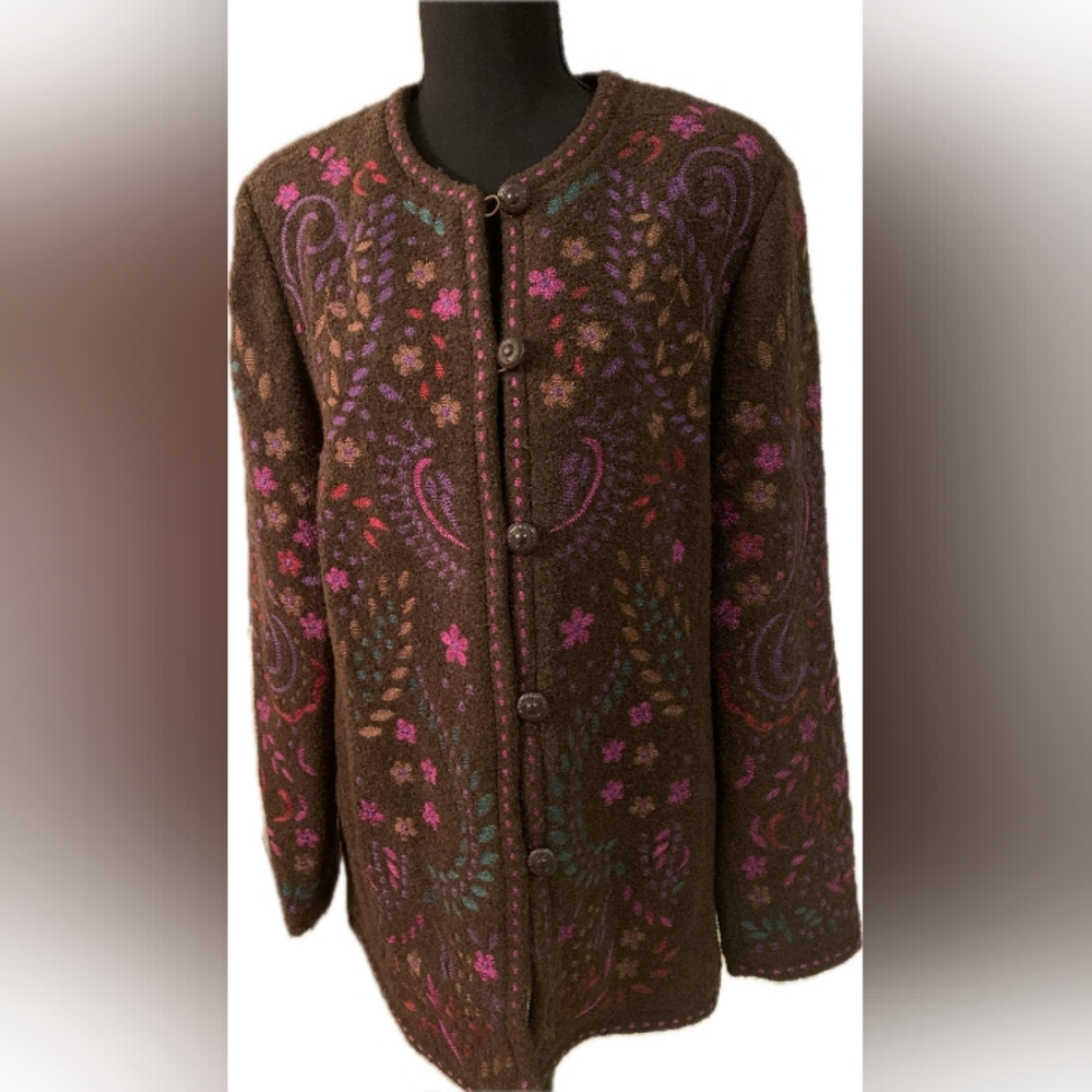 Vintage Boho Linea By Louis Dell'Olio Brown Floral Sweater Coat Size L - Picture 1 of 14